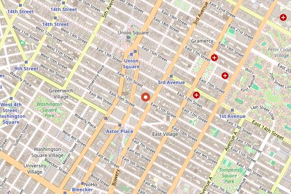 Map showing Webster Hall in New York City