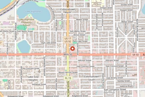 Map showing Qreate Coffee + Studio in Orlando