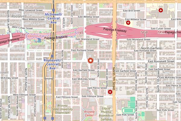 Map showing Roosevelt Row Sunday Arts and Farmers Market in Phoenix