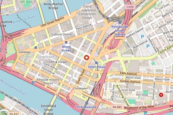 Map showing The Speakeasy at the Omni William Penn in Pittsburgh