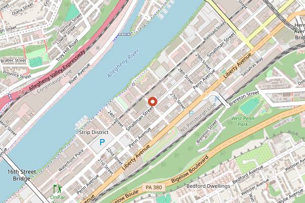 Map showing Cinderlands Warehouse in Pittsburgh