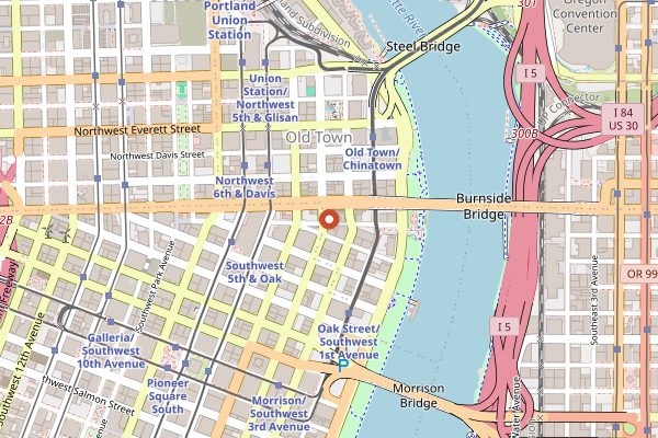 Map showing Voodoo Doughnut Old Town in Portland