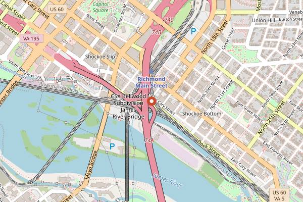 Map showing Bottoms Up Pizza in Richmond