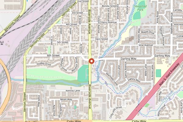 Map showing The Riverside Pizzeria in Sacramento