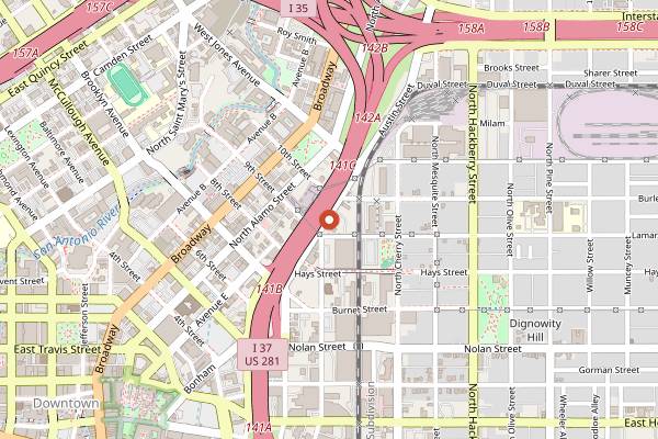 Map showing Burleson Yard Beer Garden in San Antonio