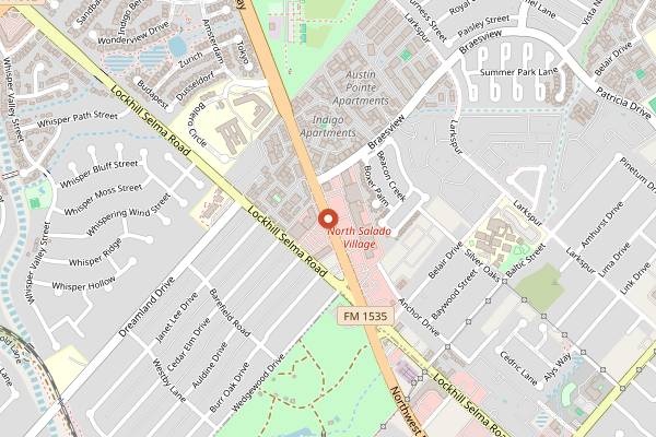 Map showing Green Vegetarian Cuisine at Alon in San Antonio