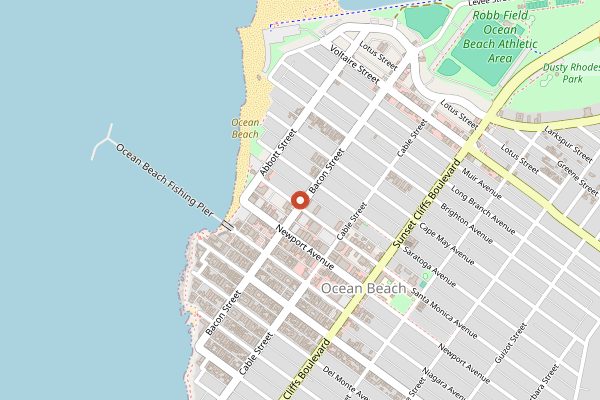 Map showing Pizza Port Ocean Beach in San Diego