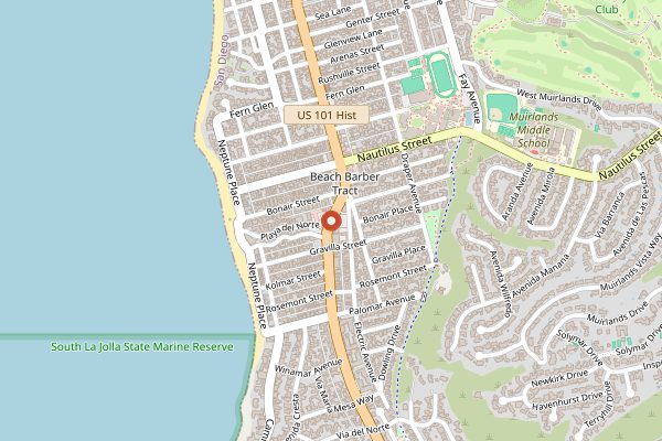 Map showing Bird Rock Coffee Roasters in San Diego