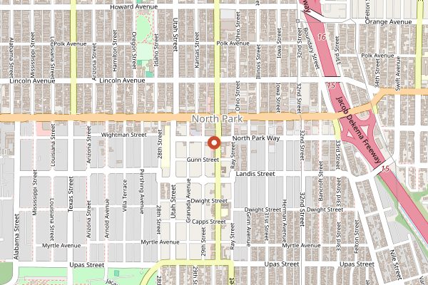 Map showing Dark Horse Coffee Roasters North Park in San Diego