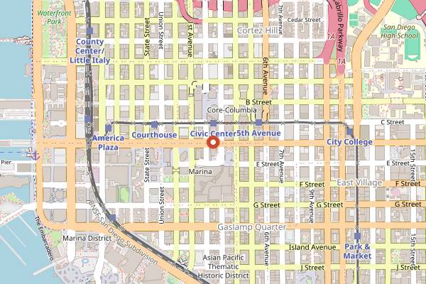 Map showing Goldchild Coffee Roasters in San Diego