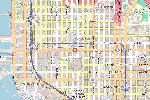 Map showing The WestBean Coffee Roasters Downtown in San Diego
