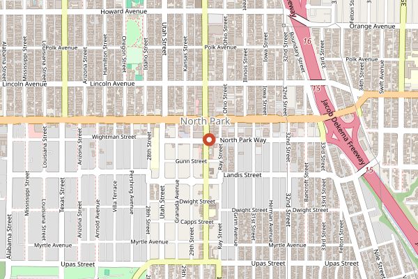Map showing North Park Thursday Market in San Diego