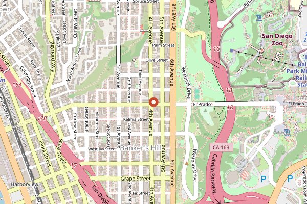 Map showing Mister A's in San Diego