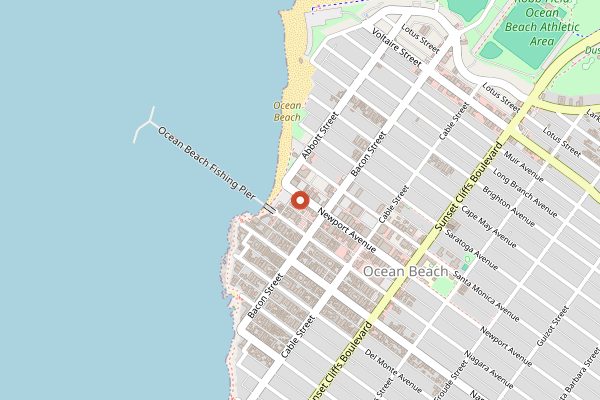 Map showing South Beach Bar and Grille in San Diego