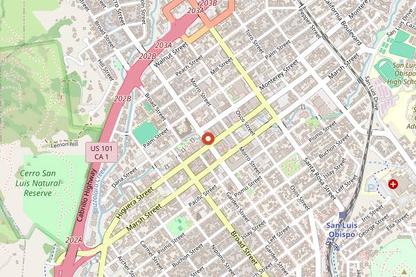 Map showing Bull's Tavern in San Luis Obispo