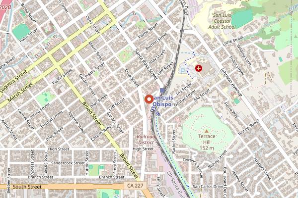 Map showing Sally Loo's Wholesome Cafe in San Luis Obispo