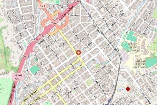 Map showing Downtown SLO Farmers' Market in San Luis Obispo