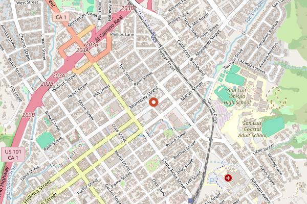 Map showing Petra Mediterranean Pizza & Grill in San Luis Obispo