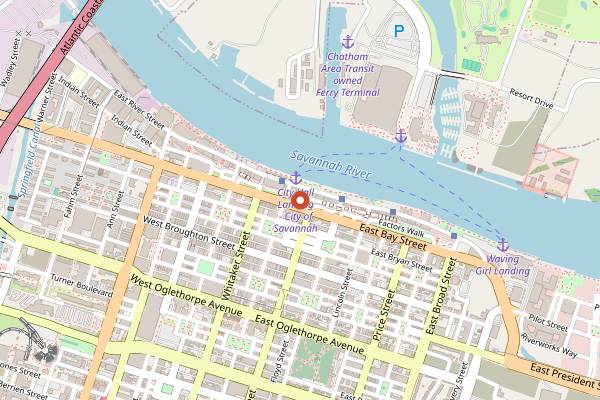 Map showing River Street Seafood Festival in Savannah