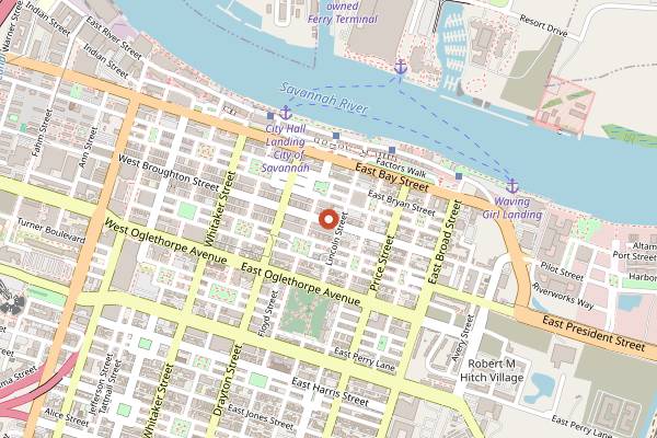 Map showing Peregrin (Perry Lane Hotel) in Savannah
