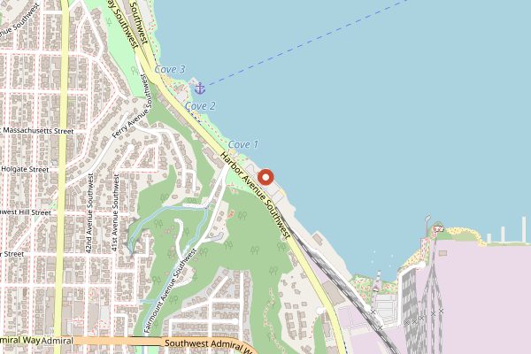 Map showing Salty's on Alki Sunday brunch in Seattle