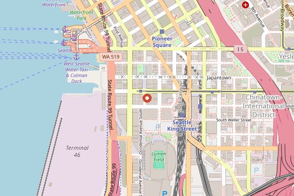 Map showing Taylor Shellfish Oyster Bar Pioneer Square in Seattle