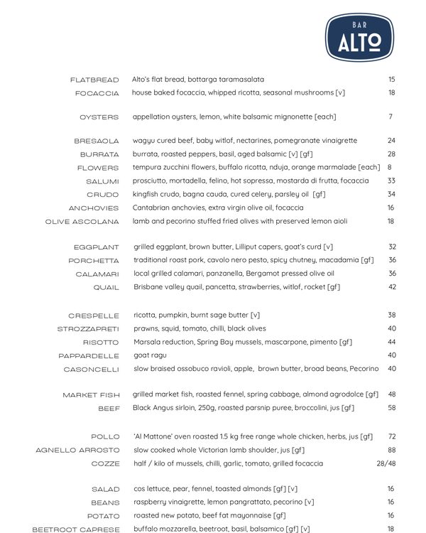 The first page of the menu at Bar Alto