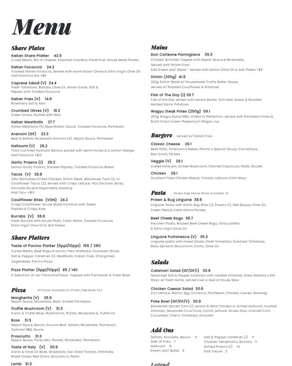 The first page of the menu at Bar Pacino