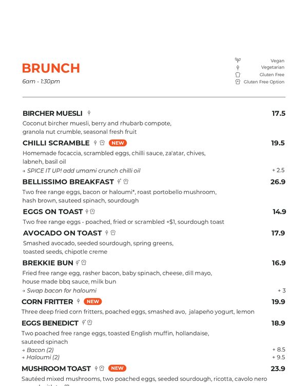 The first page of the menu at Bellissimo Coffee Roasters