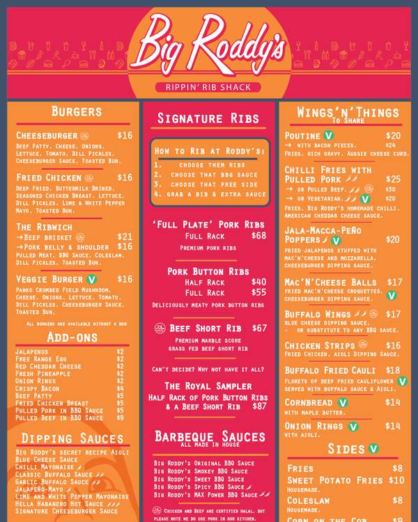 The first page of the menu at Big Roddy's Rippin' Rib Shack