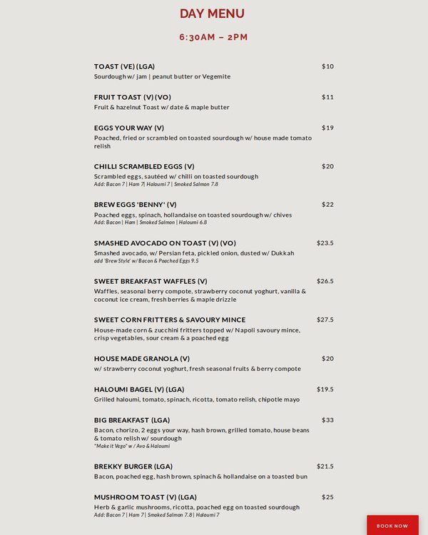 The top of the menu at Brew Cafe and Wine Bar