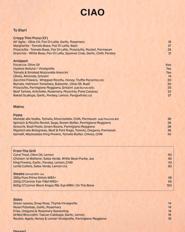 The first page of the menu at Ciao Papi