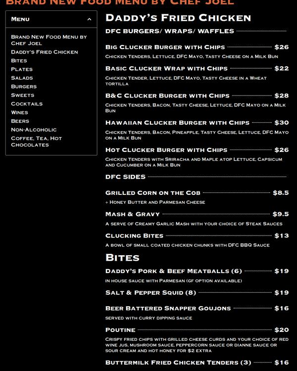 The top of the menu at Come to Daddy