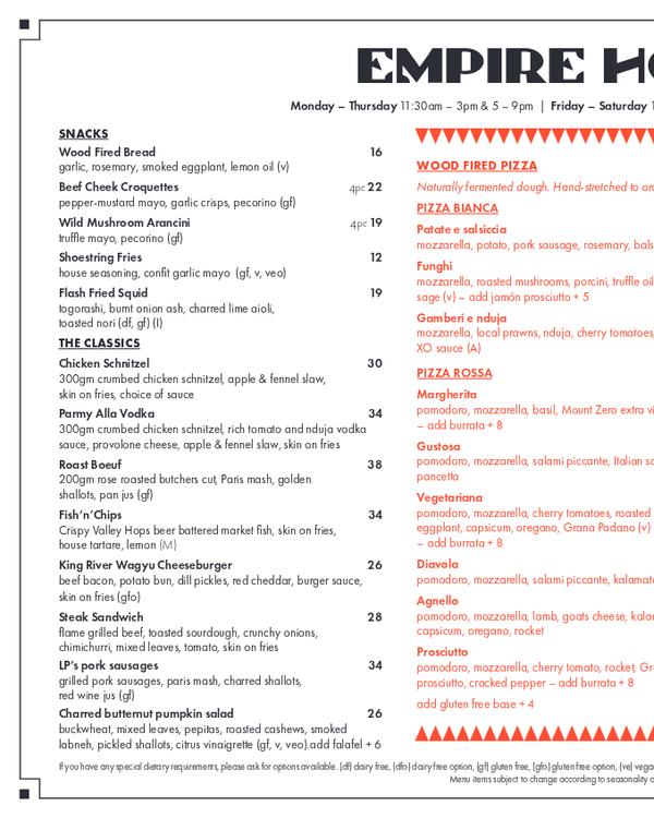 The first page of the menu at Empire Hotel