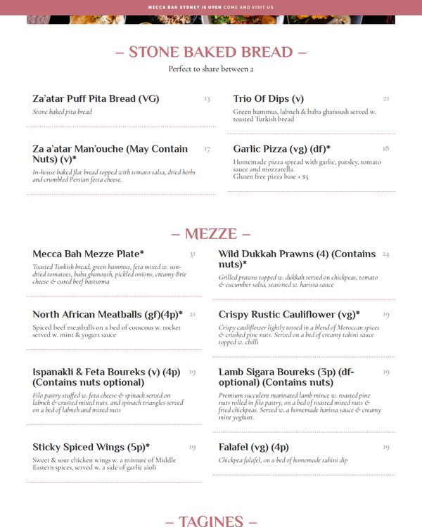 The top of the menu at Mecca Bah