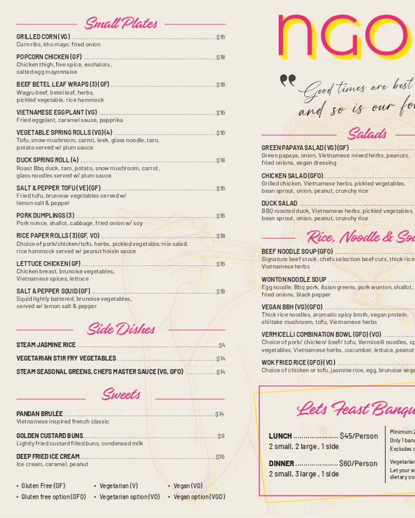 The first page of the menu at Ngon Brisbane