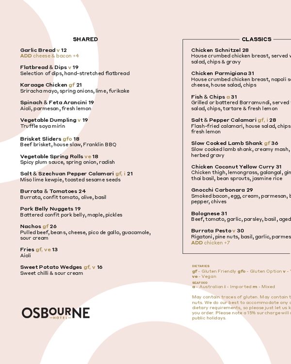 The first page of the menu at Osbourne Hotel