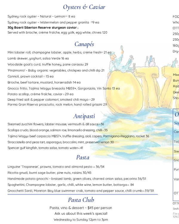 The first page of the menu at OTTO Ristorante