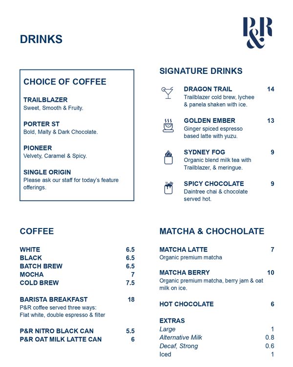 The first page of the menu at Pablo & Rusty's Brisbane