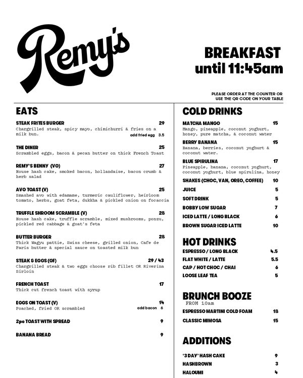 The first page of the menu at Remy's