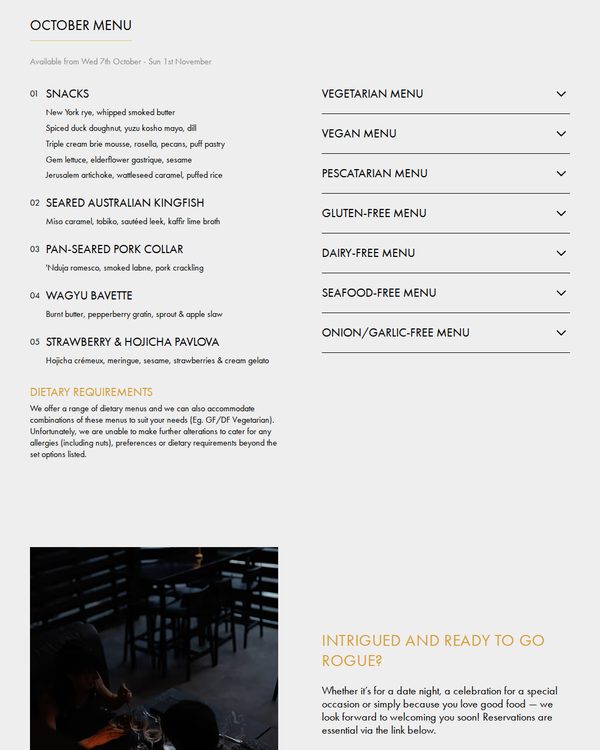 The top of the menu at Rogue Bistro