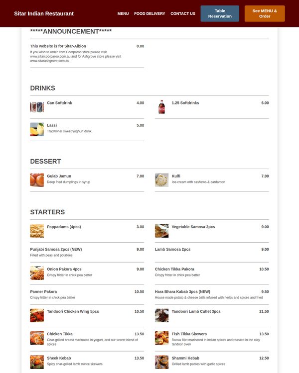 The top of the menu at Sitar Indian Restaurant