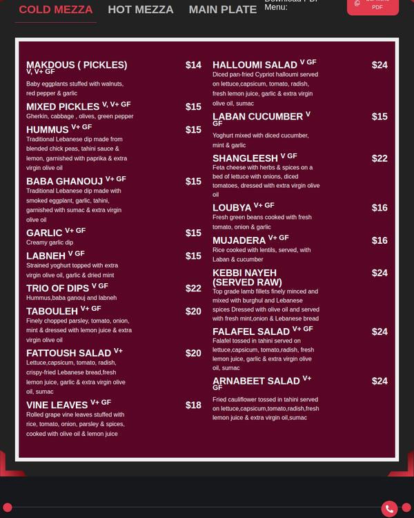 The top of the menu at Tarbouche Mezza Bar
