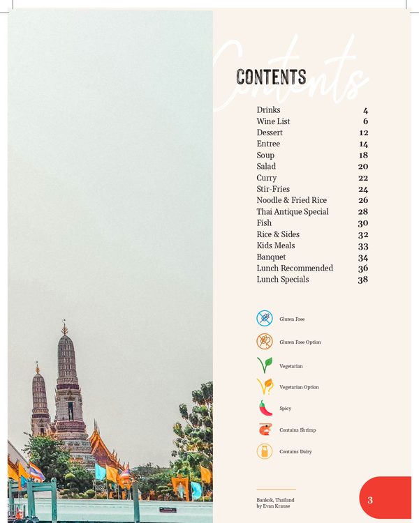 The first page of the menu at Thai Antique