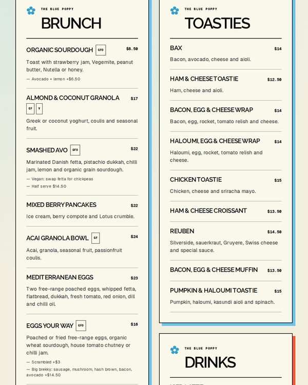 The top of the menu at The Blue Poppy
