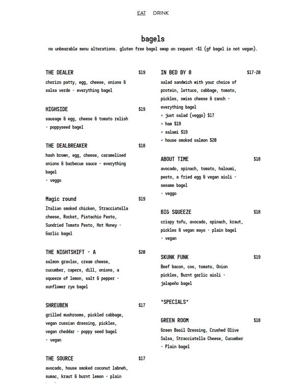 The top of the menu at Unbearable Bagels