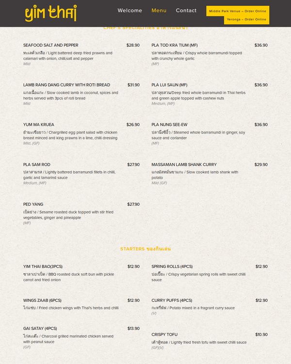 The top of the menu at Yim Thai