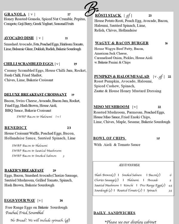 The first page of the menu at Bakerie