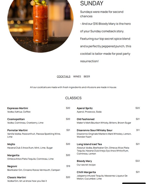 The top of the menu at Bar Cleveland