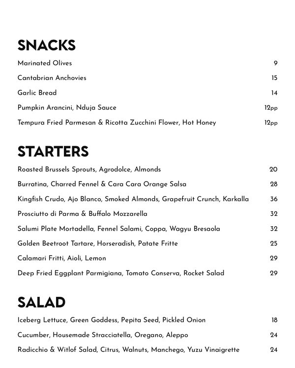 The first page of the menu at Bella Brutta